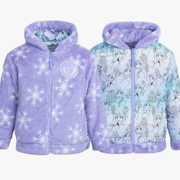 Disney Girls Puffer/Faux Fur Hooded Reversible Jacket. - Picture 1 of 14